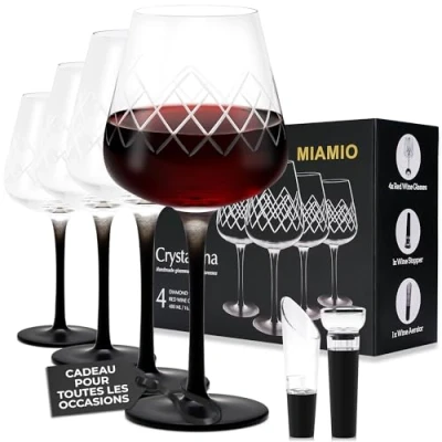Afbeelding van MIAMIO 480 ml rode wijnglazen, set van 4 grote wijnglazen kristallen met lange steel zwarte + wijnstop en beluchter Crystaluna collectie