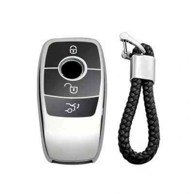 Afbeelding van M.JVisun zachte TPU sleutelhoes voor Mercedes Benz 2019 2021 A klasse C G 2017 E 2018 S intelligente autosleutel glanzend zilver gevlochten sleutelhanger