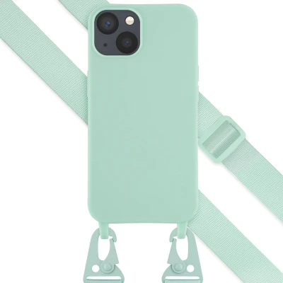 Afbeelding van Selencia hoesje Geschikt voor iPhone 13 met koord Siliconen afneembaar Turquoise