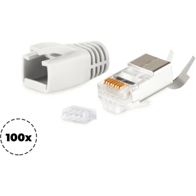 Afbeelding van RJ45 krimp connectoren (STP) voor CAT6/6a/7/7a netwerkkabel (vast/flexibel) 100 stuks (3 delig) / grijs