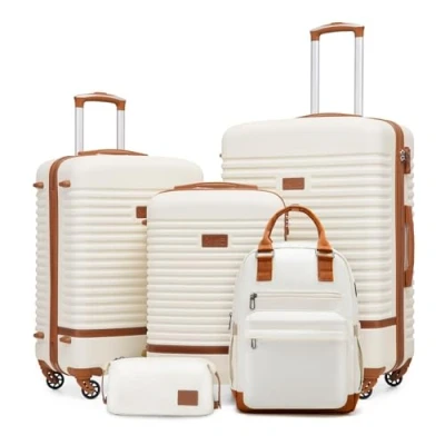 Afbeelding van COOLIFE Harde ABS trolleykoffer, 4 wielen, TSA slot, koffer bevat 1 reisrugzak en toilettas, Wit/Bruin, Prachtig vormgegeven reisset