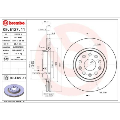 Afbeelding van BREMBO 09.E127.11 Remschijf 330 28 5 interne ventilatie Gecoat