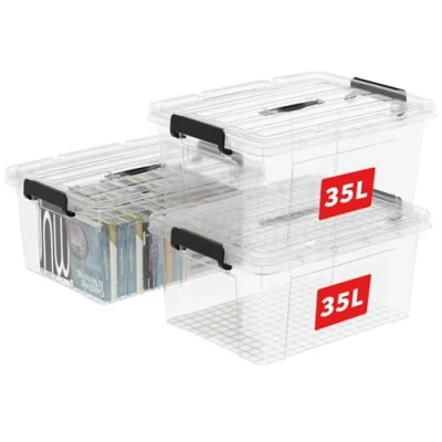 Afbeelding van Cetomo Opbergdozen van kunststof met deksel, 35 l x 3 cm, opbergdoos handvat en veilige vergrendelingsgespen, stapelbaar, voor kantoorkleding, stuks