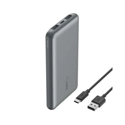 Afbeelding van Belkin externe accu, 10.000 mAh, oplader, 1 USB C poort en 2 A poorten, tot 15 W, naar kabel, draagbare batterij, powerbank voor iPhone, Galaxy, Pixel, iPad, spacegrijs