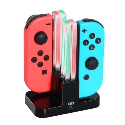 Afbeelding van INF Nintendo Switch laadstation met led display, Joy Con 4 in 1 oplader USB C oplaadkabel, zwart