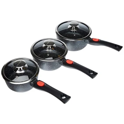 Afbeelding van Kamberg Set van 3 pannen 16/18/20 cm Afneembare handgreep Gegoten aluminium Steenachtige coating Glazen deksel Geschikt voor alle warmtebronnen inclusief inductie PFOA vrij