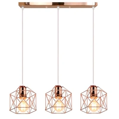 Afbeelding van iDEGU Hanglamp, 3 lampen, van metaal, kooi, zeshoekig, diameter 15 cm, E27 fitting, retrostijl, vintage hanglamp voor keuken, eetkamer, woonkamer (50 ronde houder, roségoud)