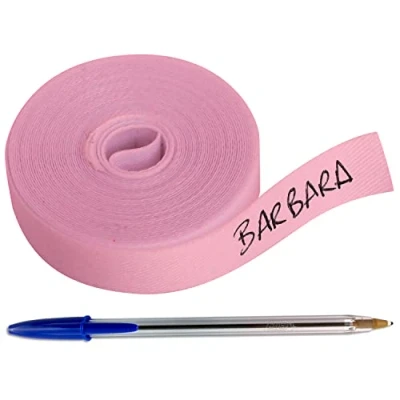 Afbeelding van 1 rol stoffen lint 3 meter x cm in de kleur roze, personaliseerbaar thermo etiket met pen, pen