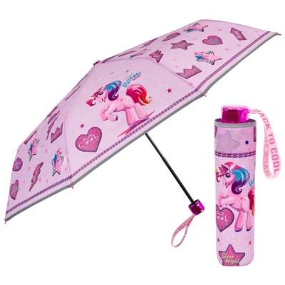 Afbeelding van PERLETTI Roze eenhoorn paraplu voor meisjes en meisjes, kleine handmatige opvouwbare winddicht parasol kinderen school 7, 8 9 jaar met reflecterende details diameter 91 cm, denim