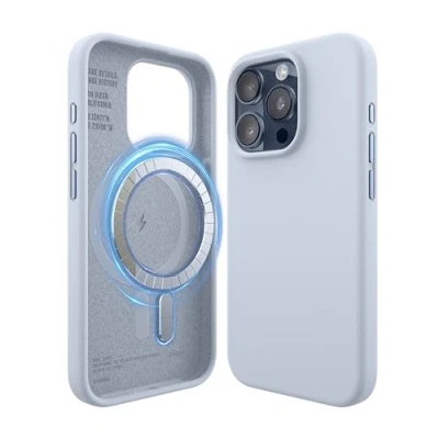 Afbeelding van elago Magnetische siliconen hoes, compatibel met iPhone 15 Pro 6,1 inch, alle MagSafe accessoires, ingewerkte magneten, zachte siliconen, schokbestendig (lichtblauw)