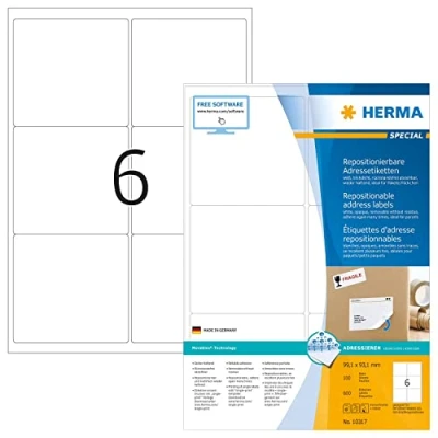 Image de HERMA Special Papier auto adhésif repositionnable blanc 99.1 x 93.1 mm 600 étiquette(s) (100 feuille(s) 6) étiquettes adresses