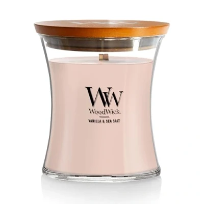 Image de WoodWick bougie parfumée moyenne en jarre avec mèche qui crépite, Vanille &amp; Sel marin, Temps de combustion jusqu&#039;à 60 heures