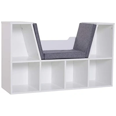 Afbeelding van HOMCOM Bibliotheek bank, 2 in 1, modern design, 6 vakken, 3 kussens, inbegrepen, 102 x 30 b 61 cm, wit, grijs gemêleerd