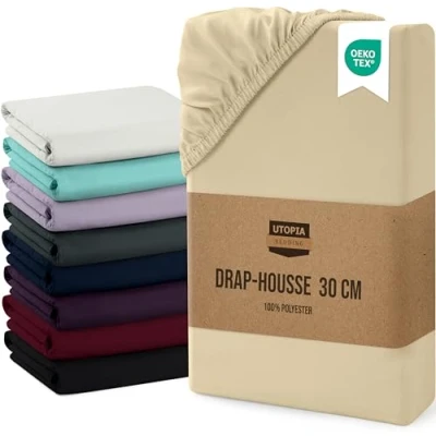 Afbeelding van Utopia Bedding Hoeslaken, met overslag van 30 cm, eenvoudig onderhoud, zachte geborstelde microvezelstof, krimpbestendig en vervaagt niet (160 x 200 beige)