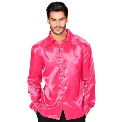 Afbeelding van Widmann Jaren 80 &amp; 90 Kostuum 70s Disco Shirt Roze Satijn Man Medium Carnavalskleding Verkleedkleding
