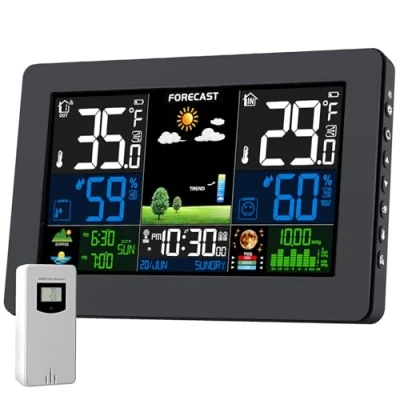 Afbeelding van Weerstation met buitensensor, DCF LCD display, draadloos, kleurrijk, weerbericht, digitaal, barometer, maanfase, alarm, wekker, weersvoorspelling, achtergrondverlichting verstelbaar