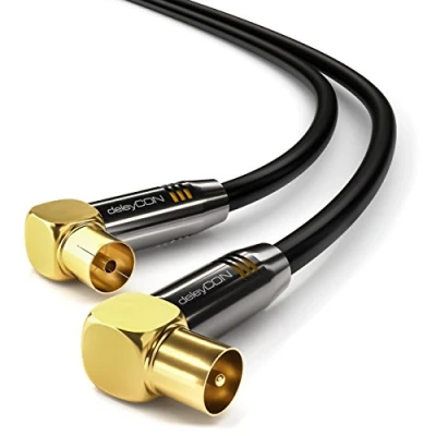 Afbeelding van deleyCON 1m TV Antennekabel HDTV Full HD 2x Hoekig Coaxkabel Stekker (90 Graden) naar Aansluiting Metalen Zwart