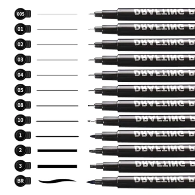 Afbeelding van CRESZZLE Set van 12 professionele tekenpennen, zuurvrije inkt, vuilafstotend, waterdicht en lichtbestendig, ideaal voor kinderen, kunstenaars, technici