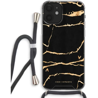Afbeelding van Case Company® hoesje met Koord geschikt voor iPhone 12 Gouden marmer Telefoonhoesje Zwart Extra Bescherming aan alle Kanten en Over de Schermrand