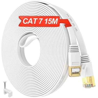 Afbeelding van Ethernet kabel, 15 m, Cat 7, netwerkkabel, hoge snelheid, lang, plat, RJ45 afgeschermd, wit, LAN 10 Gbit/s, 600 MHz FTP, Gigabit internetkabel voor buiten, binnen,