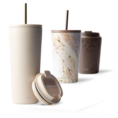 Afbeelding van Mameido Thermosbeker met rietje, 700 ml, waterdichte koffiethermos, roestvrij staal, BPA vrije thermobeker, koffiebruin (Ivoor beige, 0,7 l)