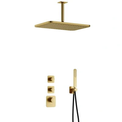 Afbeelding van Hotbath Gal Regendoucheset IBS40 Geborsteld Messing PVD Staaf Handdouche 40cm Hoofddouche 15cm Plafondbuis met wandhouder