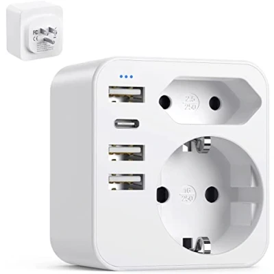 Afbeelding van 6 in 1 adapter, Amerikaanse stekker, met 3 USB poorten C (3,4 A), reisadapter, reisadapter voor Amerika, Canada, Thailand, Mexico (wit)