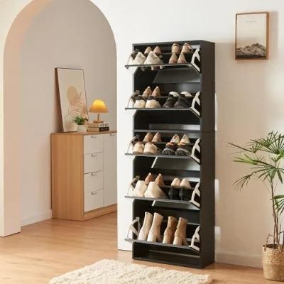 Afbeelding van Schoenenkast Lund met 5 kleppen spiegeldeuren zwart 169x60x24 cm [en.casa]
