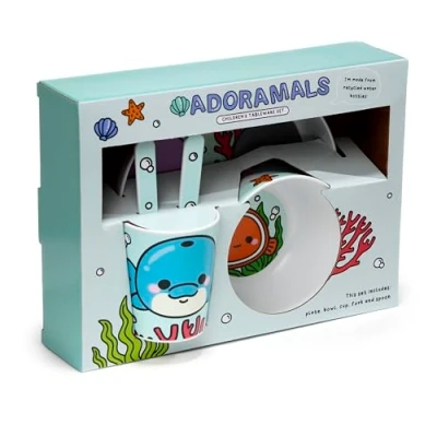 Afbeelding van Kinderservies Adoramals Zeeleven RPET Set Bord&amp;Bestek&amp;Beker&amp;Schaaltje 18,5cm/13,5cm/8,5x7cm/5,5x11,5cm