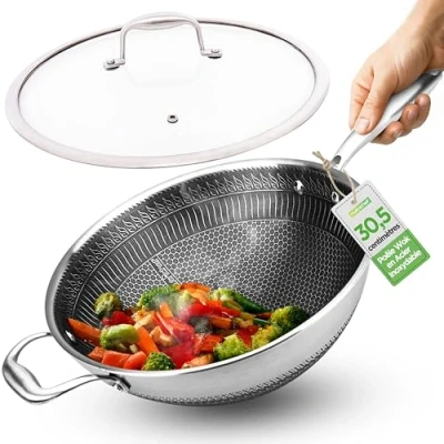 Afbeelding van NutriChef Wokpan Inductie 30 cm Roestvrijstalen Antiaanbak Roerbakpan Krasbestendig Honingraat Brandtextuurpatroon
