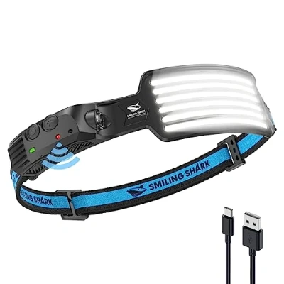 Afbeelding van Smiling Shark Oplaadbare hoofdlamp, 230 groothoek, 6 witte lampen, led hoofdlamp met bewegingsmelder, waterdicht, voor kamperen, wandelen, outdoor,