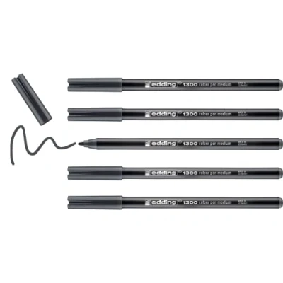 Afbeelding van edding 1300 fijne kleurpotloden met medium punt, donkergrijs, 5 pennen, ronde punt 2 mm, voor tekenen en schrijven, school, mandala&#039;s, dodling, bullet journals