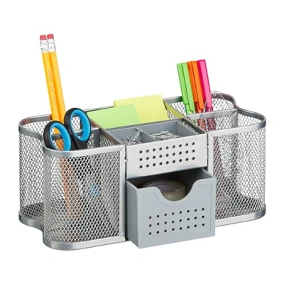 Afbeelding van Relaxdays pennenbak metaal pennenhouder met lade bureau organizer 7 vakken modern zilver