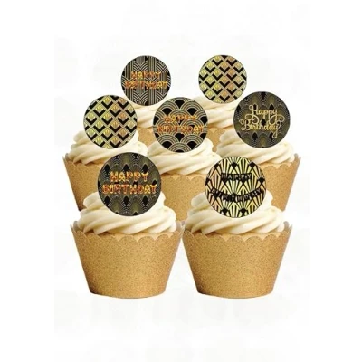 Afbeelding van 24 voorgesneden ronde taartdecoraties van eetbaar wafelpapier Thema Happy Birthday