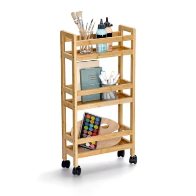 Afbeelding van Zeller Keuken Trolley met 3 niveaus bruin bamboe hout 36 x 15 74 cm 4 zwenkwielen