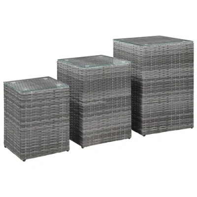 Afbeelding van 3 delige Bijzettafelset met glazen blad poly rattan grijs
