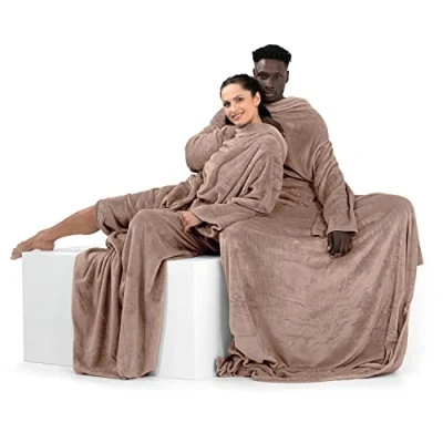 Afbeelding van DecoKing 150 x 180 cm tv deken van microvezel met mouwen en zakken, zacht fleece, voetzak, beige