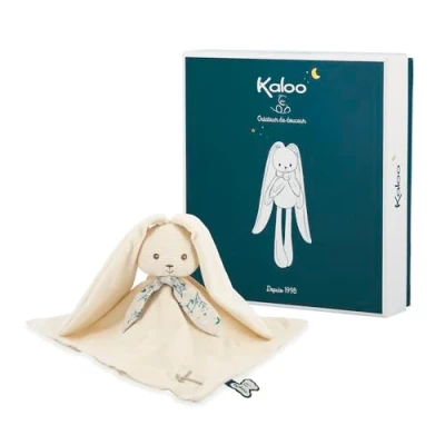 Image de KALOO Lapinoo Doudou Lapin Peluche Bébé Couleur Crème Carré 30 x cm Bi Matières Coton et Velours Côtelé Très Doux Boîte Cadeau Dès la Naissance, K972206