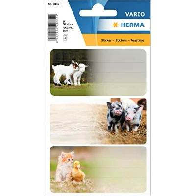Image de HERMA Lot de 9 étiquettes Pour livres à étiqueter 76 x 35 mm Motif animaux la ferme Autocollants lignés l&#039;école, les enfants, filles et garçons Multicolore