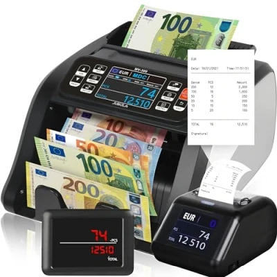 Afbeelding van Jubula MV 300 Gemengde bankbiljettenteller met geavanceerde detectie van valse 8 punts bankbiljetten EUR, USD, GBP Geldwaardebepaler Waardeteller voor (MV 300+Printer)