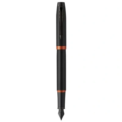 Image de Stylo plume Parker IM Vibrant Rings Satin noir laqué attributs orange vif fine recharge d’encre bleue Coffret cadeau