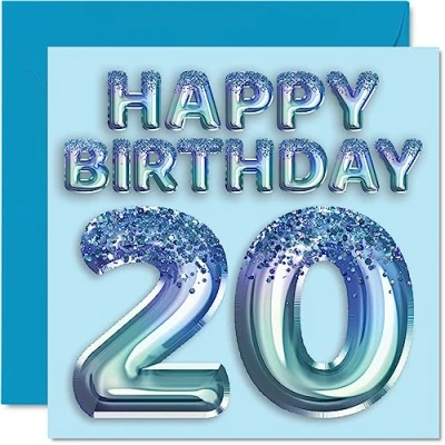 Afbeelding van Verjaardagskaart voor mannen 20 jaar blauwe ballonnen glitter verjaardagskaarten van jaar, broer, zoon, neef, oom, 145 mm x
