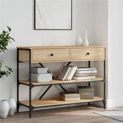 Afbeelding van Wandtafel met lades en schappen bewerkt hout sonoma eikenkleur