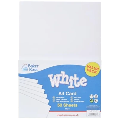 Afbeelding van Baker Ross E99A Set van 50 witte A4 kaarten (220 g/m²), perfect voor kunst en knutselprojecten, ideaal thuis of op school