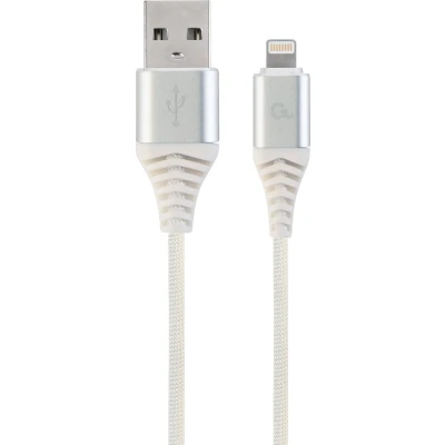 Afbeelding van Premium 8 pin laad &amp; datakabel &#039;katoen&#039; 2 meter zilver/wit