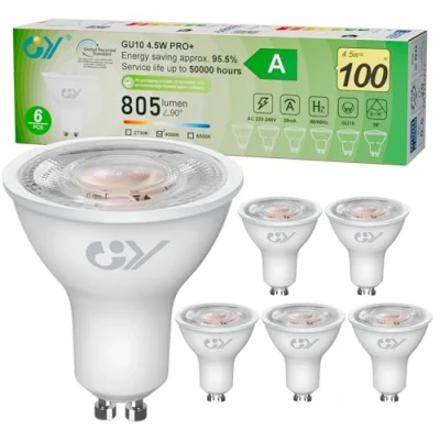 Afbeelding van GY GU10 led spot, klasse A, 805 lm, neutraal wit, 4000 K, 4,5 W, komt overeen met 100 GU10, 36 graden (smalle straling), energie efficiëntie, niet dimbaar, 6 stuks