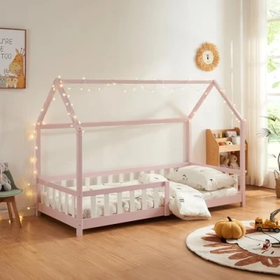 Afbeelding van [en.casa] Hutbed voor kinderkamer, eenpersoonsbed in huisvorm, met standaard lattenbodem en beschermende barrière grenenhout, multiplex, 90 x 200 cm, roze
