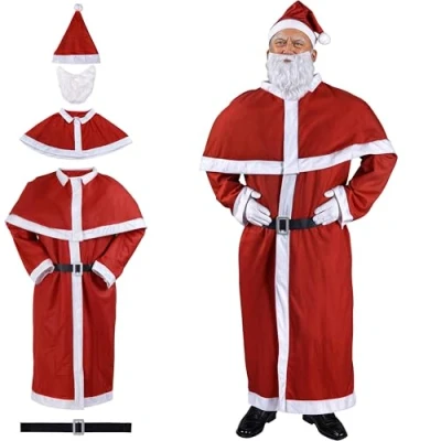 Afbeelding van Detex Kerstman Kostuum 5 delig Mantel Riem Cape Baard Kerstmuts Rood