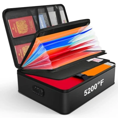 Afbeelding van JUNDUN Documentenorganizer met warmte isolatie van 5200 ℉, vuurvaste documententas slot, opbergdoos voor documenten 7 vakken, map organizer,