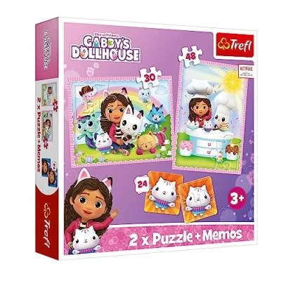 Image de Trefl Gabby et la maison magique, Gabi avec son ami le chat 3en1 : 2x Puzzles + Jeu de mémoire, personnages contes fées, 30 48 éléments, pour les enfants à partir 3 ans